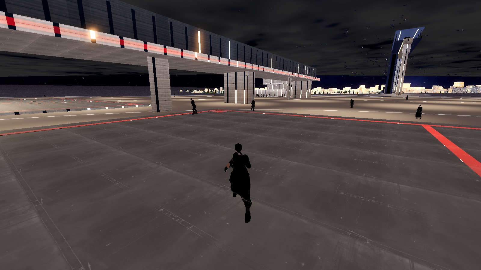 Delion's spaceport at night: floodlights, a lit pier and passengers on foot.