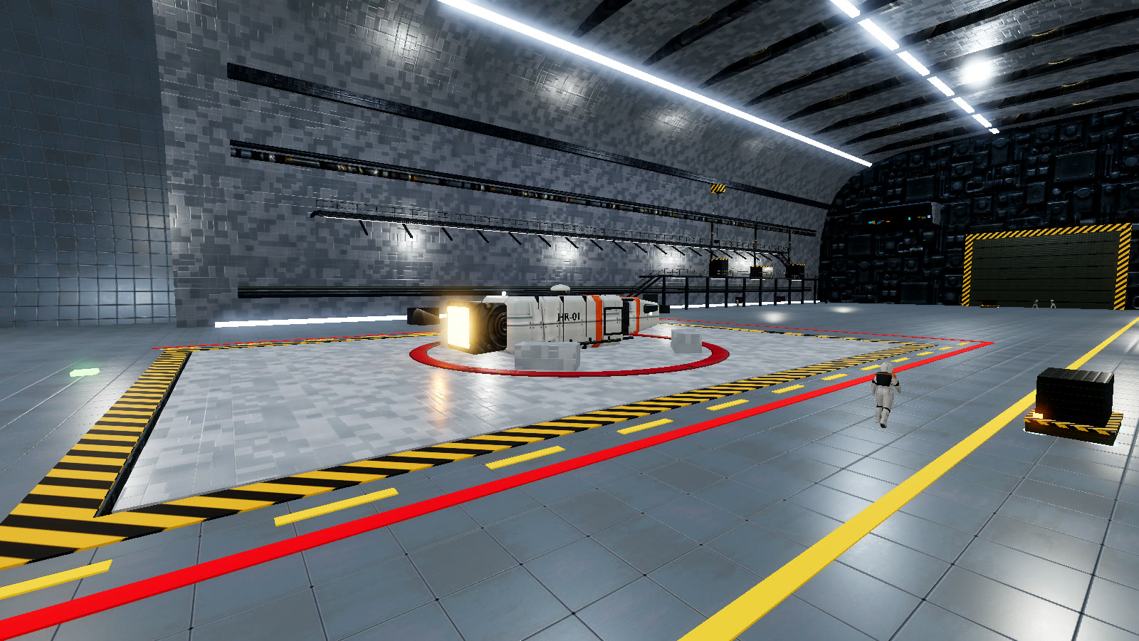 Inside a hangar after docking: the safety lane, a crew member in a pressure suit, a cargo robot carrying crates, and the catwalks on the far wall.