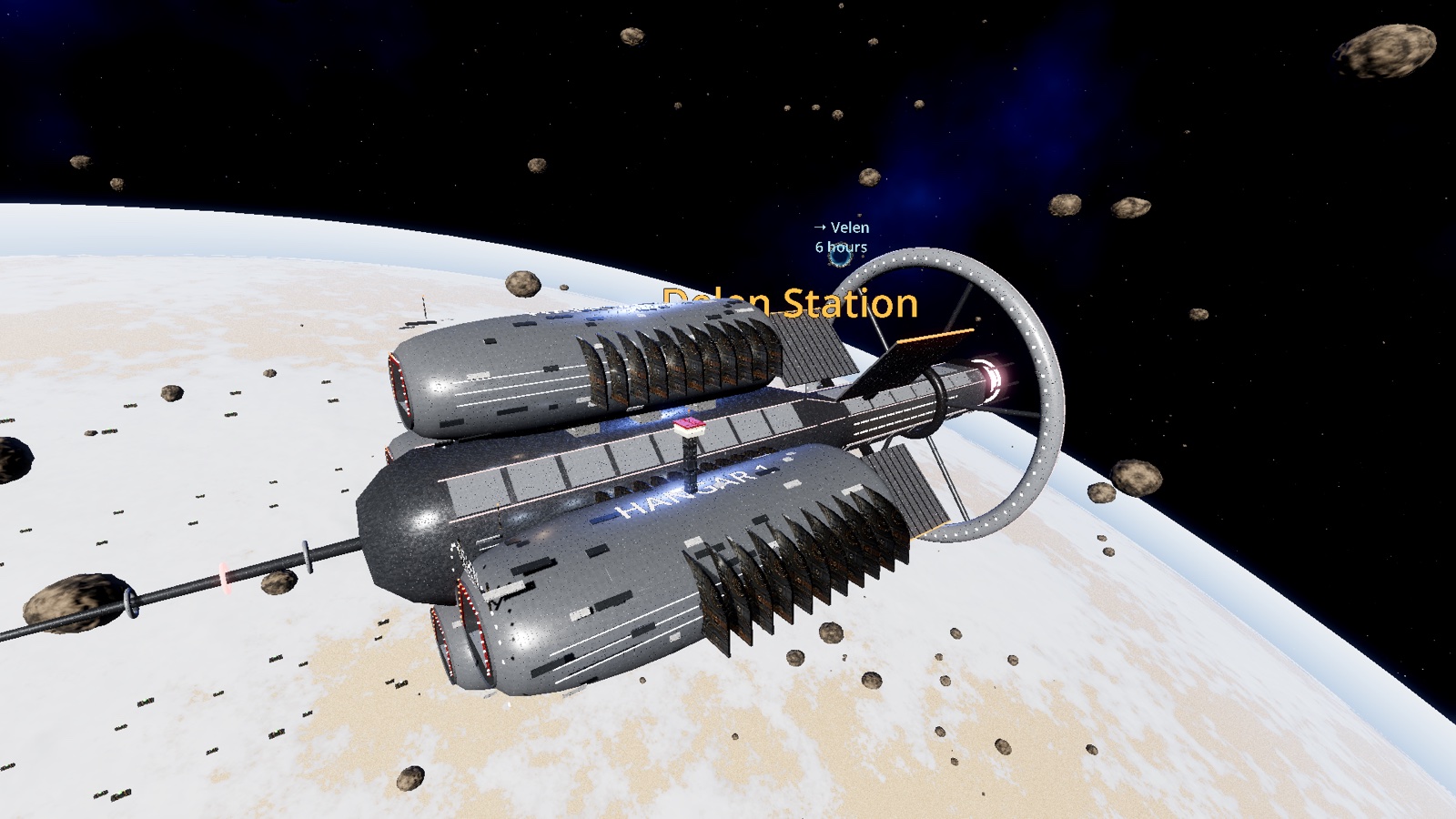 Delen Station with its new hull, in orbit over the main planet.