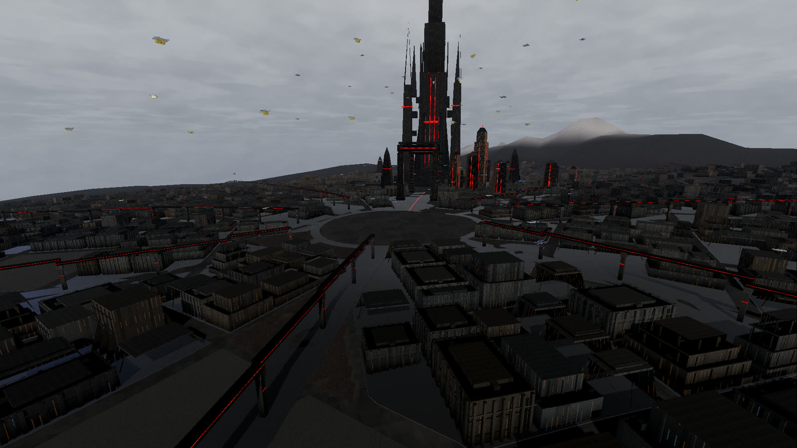 Kapıhan, the Dominion's capital, from 120 metres: the citadel, the elevated rail, and air taxis over the streets.