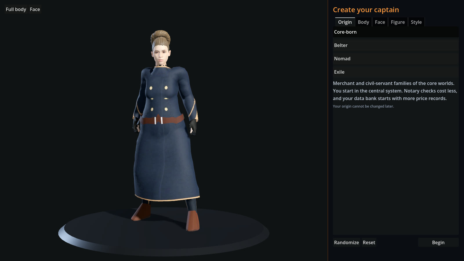 The captain creation screen.