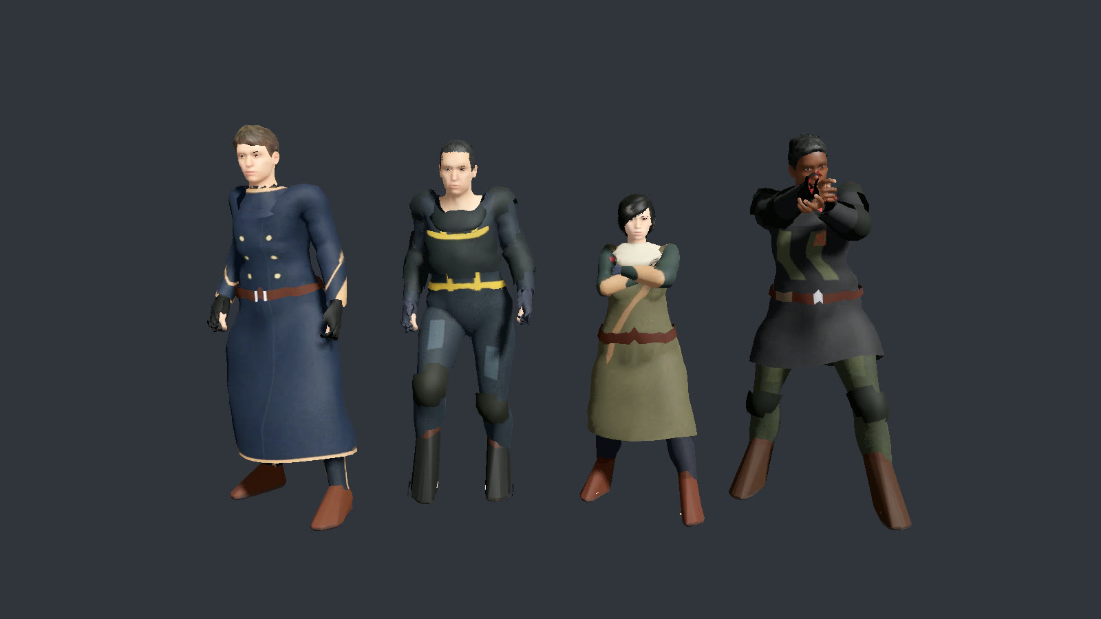 The four origins and their clothing: Core-born, Belter, Nomad and Exile.