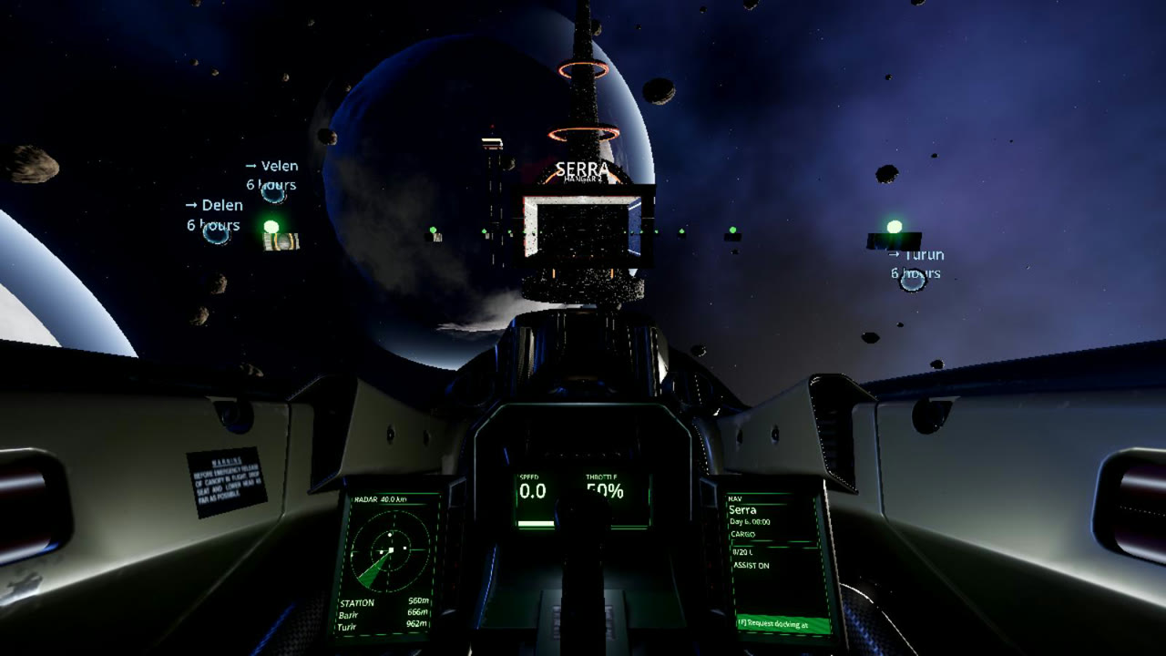 The cockpit in front of Serra Station. Every screen is drawn by the game.