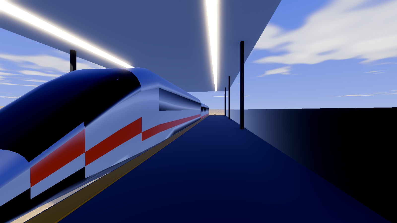 The platform at the spaceport station as a train pulls in.
