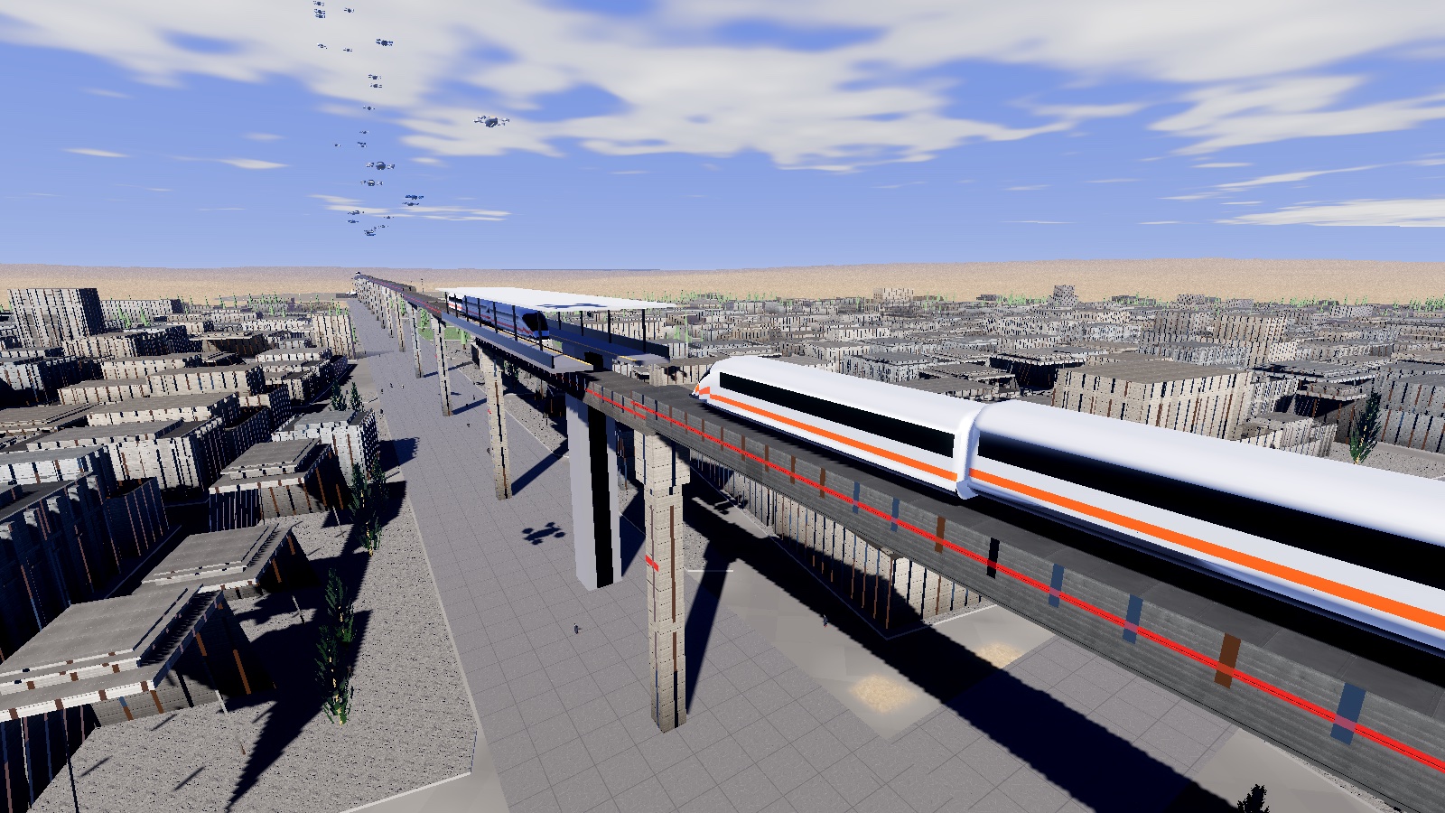 Delion's maglev: the line from the spaceport to the city centre, 30 m above the boulevard.