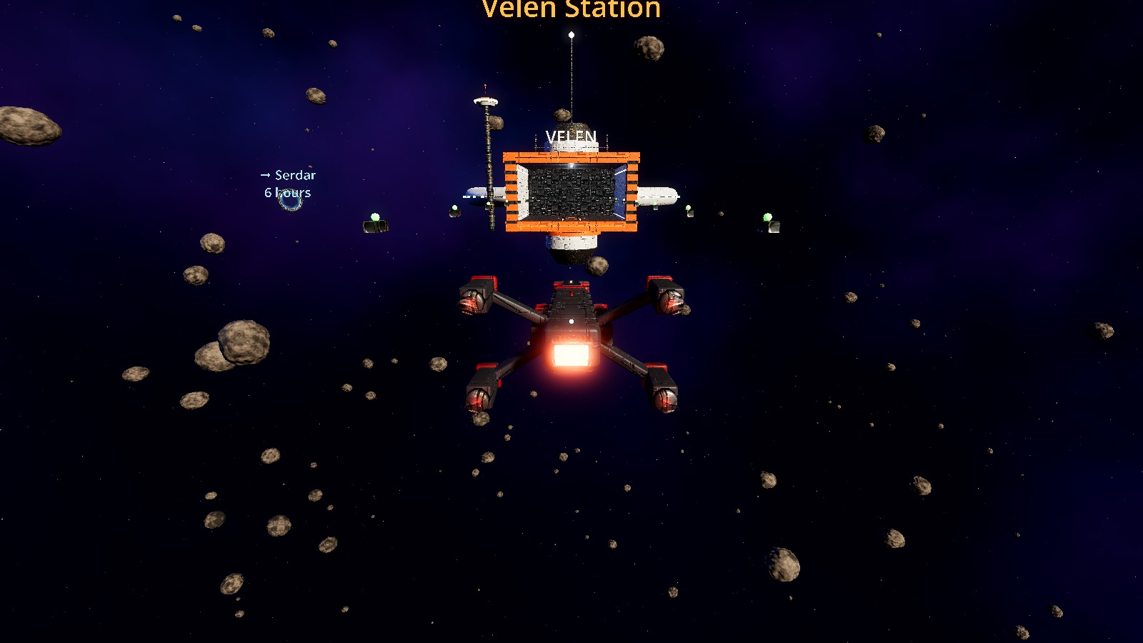 Leaving Velen Station through the asteroid field.